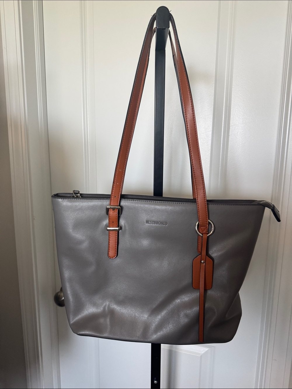 Gray Tote with Tan Shoulder Straps